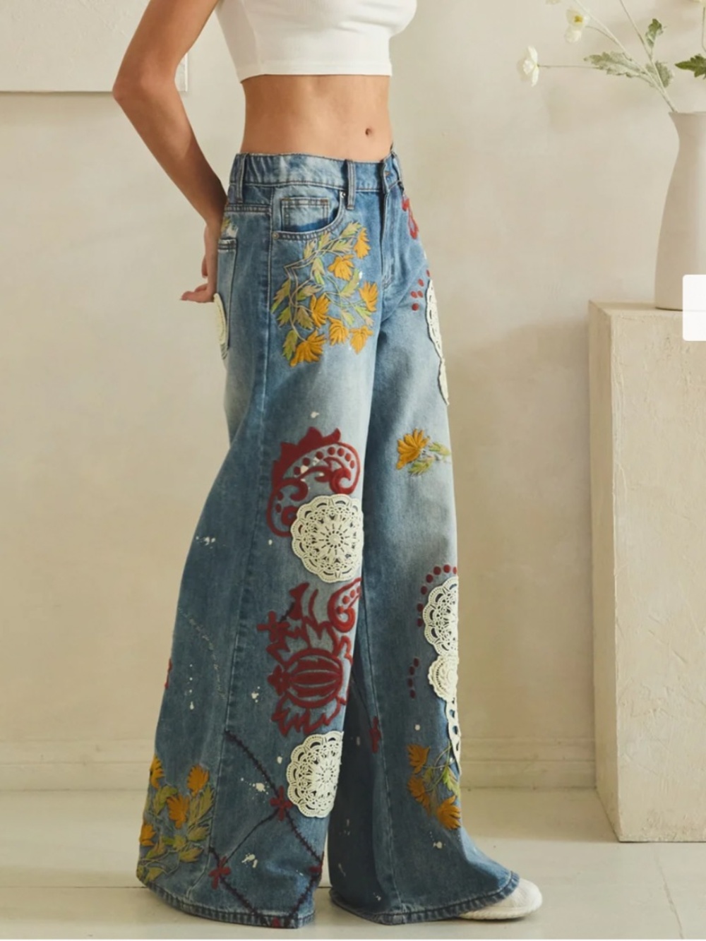 🎉 Oli and Hali “DEE” OLI & Hali WIDE LEG DENIM PANTS WITH EMBROIDERY DETAIL 34 - Picture 9 of 14